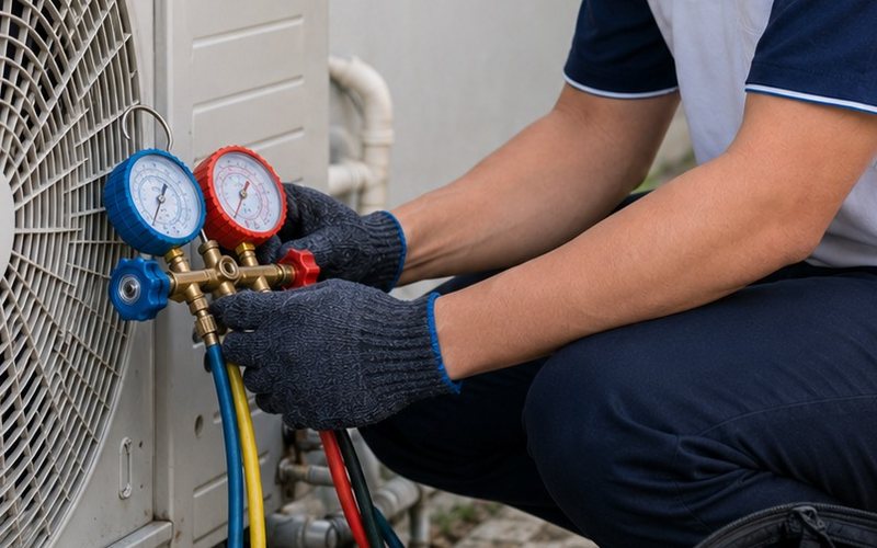 Tekanan freon dicek dengan manifold di unit outdoor